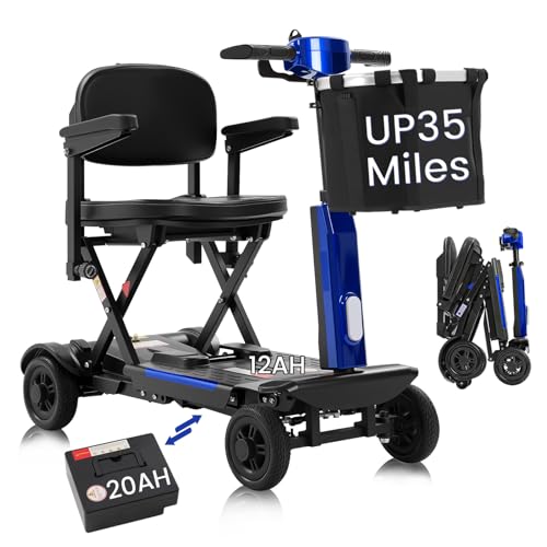 MS02-F 12-60Miles 4 Wheels Foldable Mobility Scooter for Adults&Seniors, 46Lbs Lightweight & 350W Powered Electric Folding Wheelchair, Removable Battery Compact & Convenient for Travel Blue