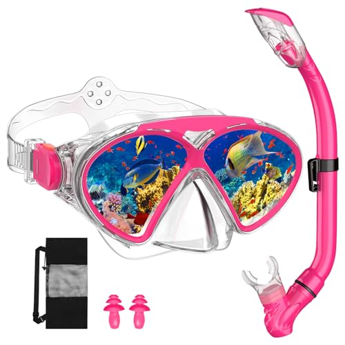 JEMULICE Maschera Subacquea Bambini, Set da Snorkeling per Bambini con Tubi a Secco e Occhiali da Snorkeling Anti-Fog Panoramica a 180 Gradi, Snorkel Set, Maschera Snorkeling per Bambino e Adolescenti