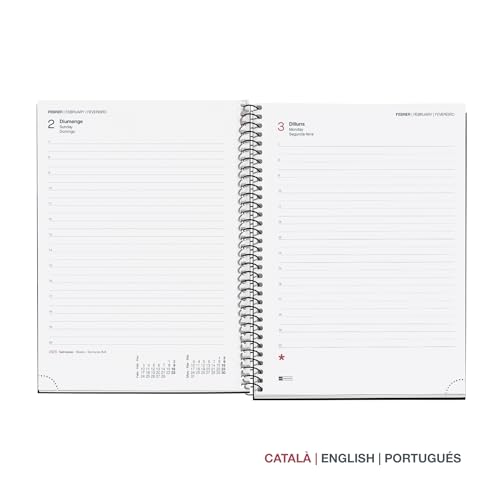 Miquelrius Agenda annuel 2025, 155 x 213 mm, 1 jour par page, couverture souple polypropylène, spirale, papier 80 g/m², catalan, anglais et portugais, couleur grise – vue 2
