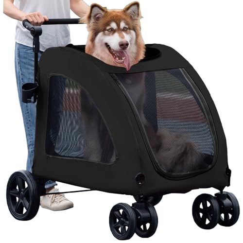 Large Dog Stroller, Removable Cushion Adjustable Handle Foldable 4 Wheel Pet Stroller, Front and Back Access to Dog Wagon for 180 lbs Large Dog or 2 Medium Dogs (Black) Large Dog Stroller, Removable Cushion Adjustable Handle Foldable 4 Wheel Pet Stroller, Front and Back Access to Dog Wagon for 180 lbs Large Dog or 2 Medium Dogs (Black)