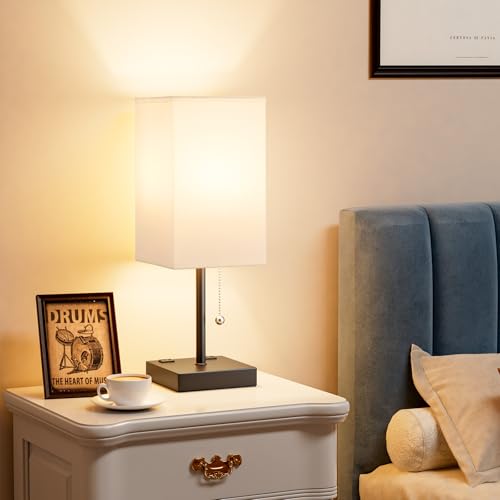 Image of Bedside Lamp for Bedroom - 3 Color Temperatures, USB A+C, 2 AC Outlets | Pull Chain Switch, LED Bulb Included, White Fabric Shade, 17.4 inch Table Lamp for Nightstand, Desk, Living Room, Office