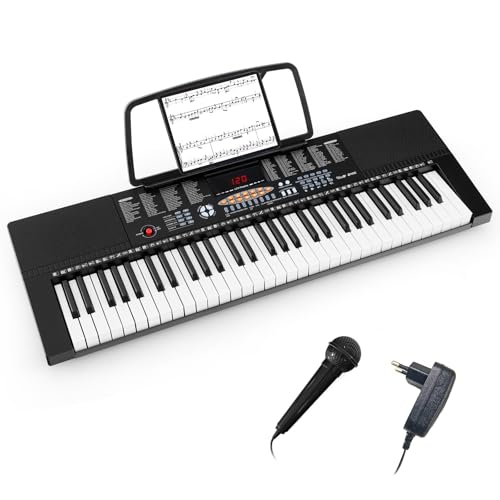 COSTWAY Piano Numérique 61 Touches avec Microphone & Pupitre, Clavier Électronique avec 300 Rythmes & 300 Timbres & 50 Démos, Écran LED, 3 Modes d’Enseignement pour Débutants