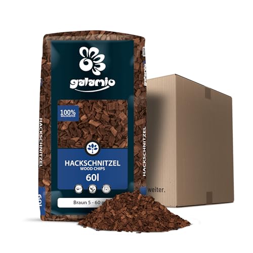 GALAMIO Holzhackschnitzel Braun Kiefer 5-60 mm - 60L - Farbiger natürlicher Unkrautschutz