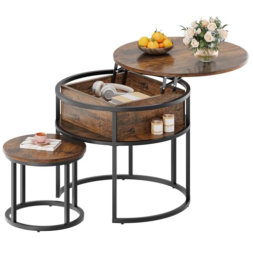 YITAHOME Table Basse Salon Relevable Ronde Bois avec Espace de Rangement et Plateau de Levage, Table Basse Gigogne pour Salon, 60x60x50 cm, 38x38x30 cm