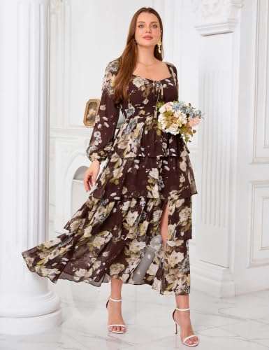 Image of EYWOL Plus Size Long Sleeve Floral Tiered Semi Formal Wedding Guest Dress | Chiffon Maxi, On or Off Shoulder, Flowy A-Line, Side Slit, Elastic Back Waist, Cocktail, Dinner Party, Engagement, Prom, Gala