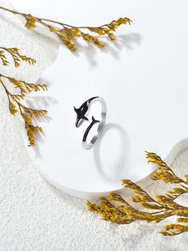 Ocean Open Ring 925 Sterling Silver Orca/Killer Whale/Shark/Manta Ray Adjustable Ring Animal Lovers Jewelry Ocean Gift for Friend/Daughter/Mother, Size 73