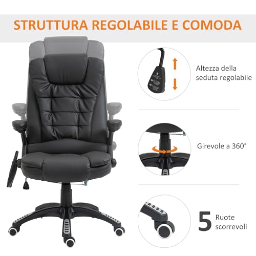 Poltrona Massaggiante da Ufficio ad Altezza Regolabile, Poltrona Relax in PU con 6 Punti Massaggianti, 68x72x108-118 cm, Nera - Sedia gaming - Immagine 4