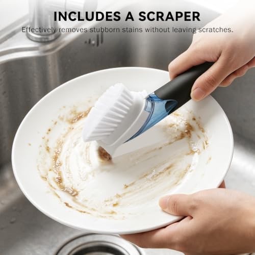 Image of SetSail Dish Brush with Soap Dispenser, Stiff Bristles Dish Scrubber Set | Built-in Scraper with 3 Pack Replaceable Brush Head Dish Scrub Brush with Non-Slip Handle for Kitchen Sink, Dishes, Pans, Pot