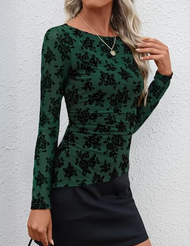 Image of ZESICA Womens Floral Long Sleeve Shirts 2026 Spring Boat Neck Mesh Ruched Tops Fitted Asymmetrical Going Out Blouses