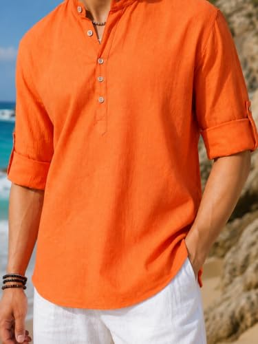 Image of Majestic Man Men's Pure Cotton Solid Mandarin Collar Slim Fit Roll-Up Sleeves Short Kurta Lightweight Summer Kurta for Daily & Occasion Use