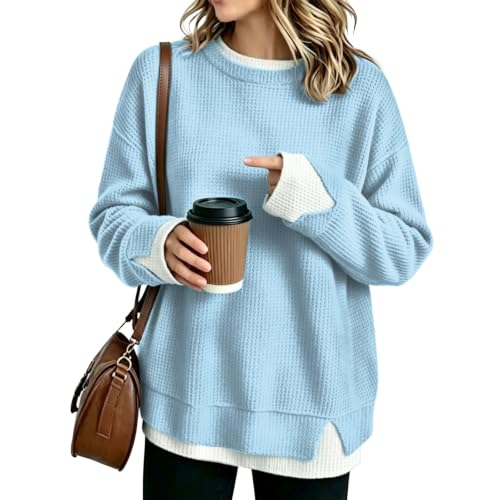 Crew Neck Oversized Sweatshirt for Women Waffle Long Sleeve Sweatshirts - image 1