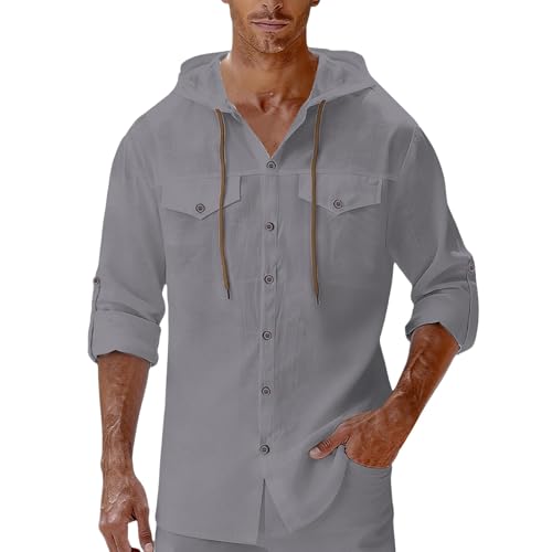 Top hombre fitness ligero contra el calor en camisa de botones con capucha y mallas gris XL 2