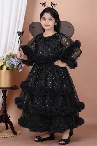 Image of Girls Glitter Tulle Tiered Gown with Butterfly Wings, Ruffle Detail, Fairy Costume Dress