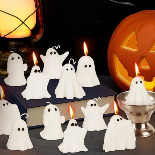 12 Pcs Novelty Ghost Candles 7cm Cute Spooky Floating Candles Bulk Small Halloween Decorative Tabletop White Candle for Party
