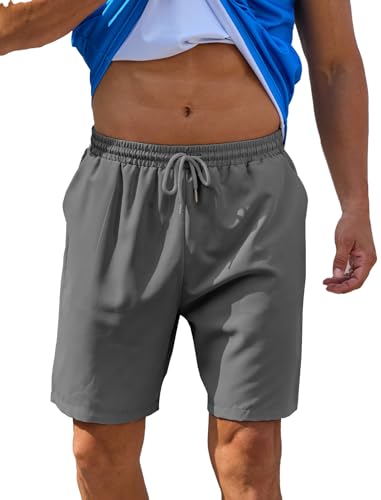 NLAND Pantalones Cortos Hombre Algodon Verano Shorts de Color sólido Pantalon Corto Casual Chino con Bolsillos con cordón bañadores Playa,Gris XXL