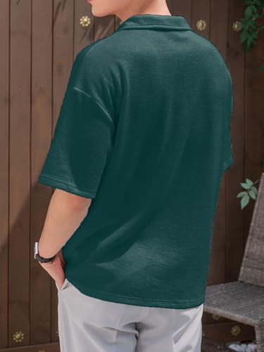 Image of Men's Textured Waffle Knit Polo T-Shirt | Relaxed Fit Half Sleeve Collared Tee | Soft Breathable Casual Summer T-Shirt