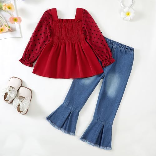 Image of Kucnuzki Toddler Kids Girl Clothes Long Sleeve Shirt Tops Baggy Jeans Cute Pants Set Baby Girl Outfit 2 Piece Clothing