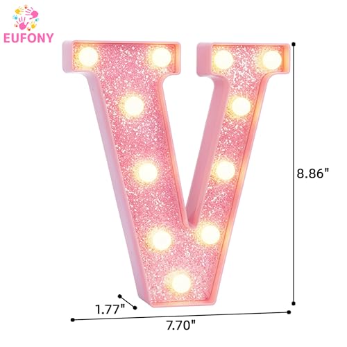 Image of Pink Marquee Light Up Letters, Glitter Alphabet LED Letter Lights for Pink Birthday Party Decorations, Battery Operated Letter Sign for Girls Room Vanity Table Decor, Warm White Lights Letter V