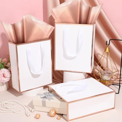 Image of Yeaqee 24 Pack Metallic Paper Gift Bag with Tissue, White, Rose Gold | with Satin Ribbon Handle and Tissue, 9x7x3.1 Inch, Suit Business, Birthday, Christmas, Thank You Return Gifts Bags