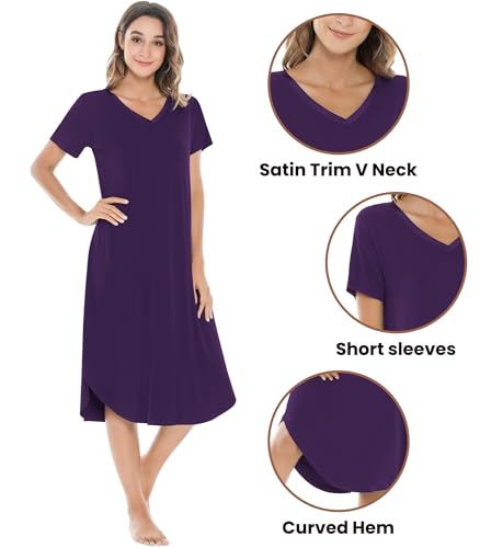 Image of NACHILA Nightgowns for Women-Viscose Made from Bamboo, V Neck Sleepshirts Short Sleeve Sleepwear Cool Nightshirt
