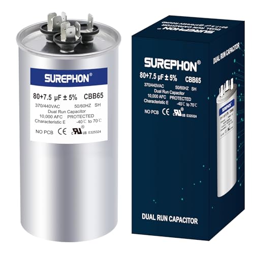 SUREPHON 80+7.5 uF 80/7.5 MFD ±5% 370V/440VAC Dual Run Start Capacitor CBB65 Works for AC Unit Fan Motor Start or Heat Pump or Condenser Straight Cool