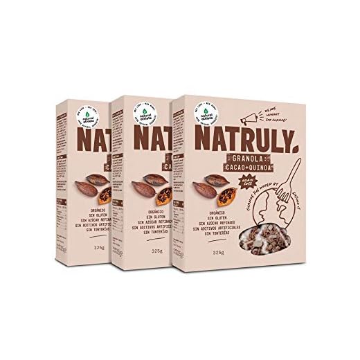 NATRULY Granola BIO de Frutos Secos y Semillas Sin Cereales, Sin Gluten y Sin Azúcar Refinado, Vegana, Sabor Cacao, Coco y Quinoa -Pack 3x325g)
