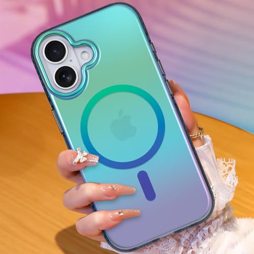 Image of AIGOMARA Magnetic Case for iPhone 17 [Compatible with Magsafe] [Fluorescent Iridescent Green Blue] Slim Shockproof Matte Back Protective Phone Cover for Women Girls 6.3 Inch