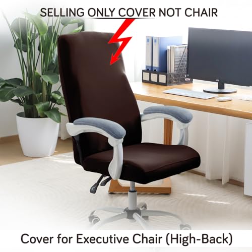 Image of HOKIPO 'SereneSolids' 140 GSM Office Chair Cover for Executive High-Back Chair - Stretchable Fabric, Washable & Anti-Slip - Fits Big & Tall Office Chairs, Coffee (AR-5220-CFE-L)
