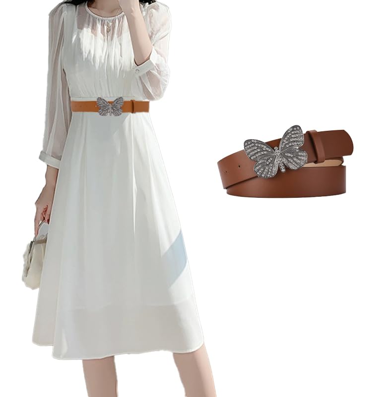 Women's Faux Leather Belt, Waist Belt With Butterfly Rhinestone Buckle2