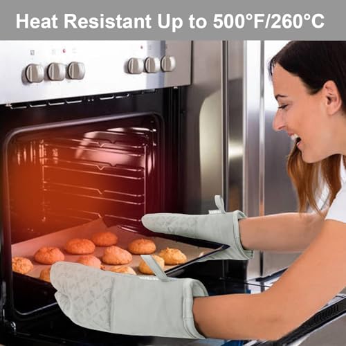 Image of KEGOUU Oven Mitts and Pot Holders 6pcs Set, Kitchen Oven Glove High Heat Resistant 500 Degree Extra Long Oven Mitts and Potholder with Non-Slip Silicone Surface for Cooking (Greenish Gary)