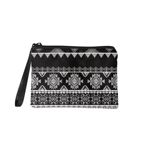 Dolyues Aztec Tribal Womens Wallets Black Coin Purse with Wrist Strap, Fashion Casual Change Pouch Bag Small Size Wallet for Girls Women, Coins/Card Storage