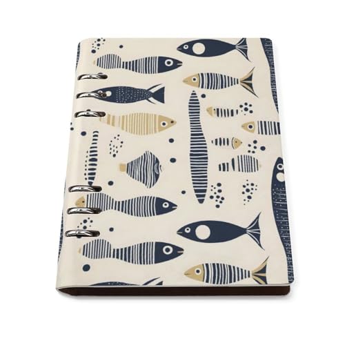GVYGVY College Ruled Notebooks for School - Abstract Fish Blue Print Pu Leather Travel A5 Lined Book Journal for Women Men, 90 Pages, Hardcover Refillable Notebook Paper for Writing Business