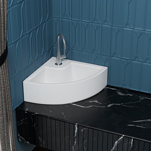 Image of Meta Bathware Premium Corner Wash Basin | Wall Mount And Table Top Ceramic Sink for Bathroom | Scratch Resistant & Easy Clean | Elegant White Glossy Finish (16.5x15x5 Inch)