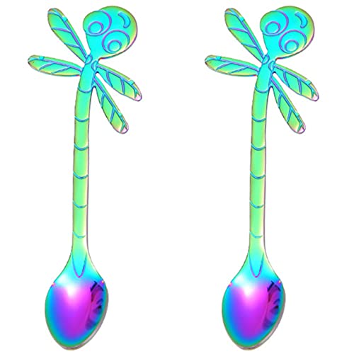 Stainless Steel Dragonfly Coffee Spoon 2 Pcs Creative Tableware Dessert Spoons, Stirring, Mixing, Sugar, Stir, Ice Cream, Cake, Teaspoon Set (Colorful)