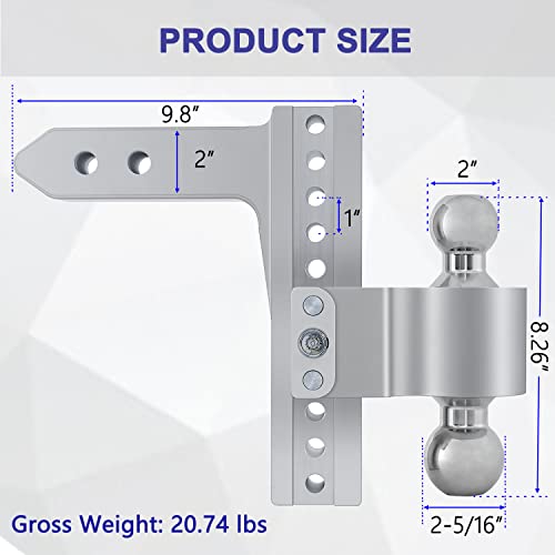 Adjustable Trailer Hitch 8” Drop/Rise Hitch Ball Mount For 2” Receiver, Aluminum Tow Hitch With 2 Stainless Steel Pins Locks, 12,500 Lbs Gtw, 2" And 2-5/16" Chromed Steel Balls For Heavy Duty Truck #TOP2