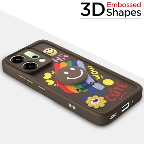 Image of Pikkme Back Cover for Oppo Reno 14 5G | Soft Silicone| Cute Rainbow Smile & 3D Cartoon Flower Design | Shockproof Raised Camera Protection Bumper Case (Brown)