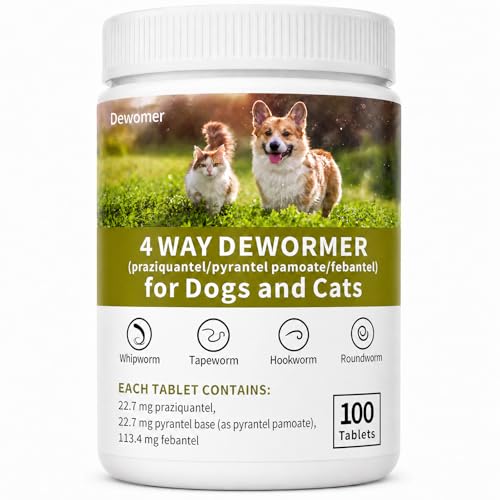 Dewormer for Dogs and Cats,4 Way Broad Spectrum Wormer with Praziquantel, Pyrantel Pamoate & Febantel, Safe for 4 Weeks and Older,100 Tablets