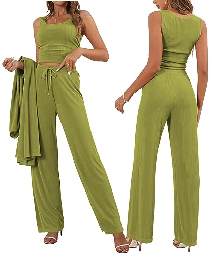 Image of 3 Piece Lounge Sets for Women Airport Travel Outfit | Long Cardigan,Tank Top ,Wide Leg Pants with Pockets,Comfy Loungewear,Casual Chic, Airplane Clothing,Vacation Matching Set