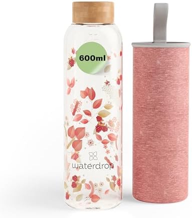 waterdrop® Flasche aus Glas 600ml - Trinkflasche Kohlensäure geeignet, spülmaschinenfest - auslaufsichere Wasserflasche mit Neoprenhülle - Borosilikat Glasflasche mit Schraubversch