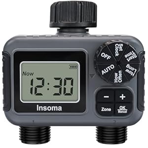 Insoma 2-Zone Sprinkler Timer, Programmable Garden Hose Timer with Auto/Manual/Rain Delay Modes | Water-Saving Irrigation Controller for Lawn, Yard & Drip Systems | Waterproof Design & Easy Setup