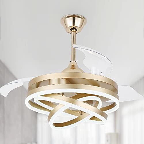 Dawn Whisper 42 Inch Retractable Ceiling Fan, Silent DC Motor Modern Ceiling Fans with Lights and Remote, 6 Speeds, 3 Color Changing, Fandelier Ceiling Fan with Light for Bedroom