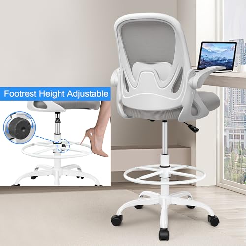 Image of Drafting Chair Tall Office Chair with Flip-up Armrests, Adjustable Height, and Enhanced Lumbar Support - Ergonomic Rolling Stool, Back Support, and Adjustable Foot Rest Ring for Standing Desk Gray