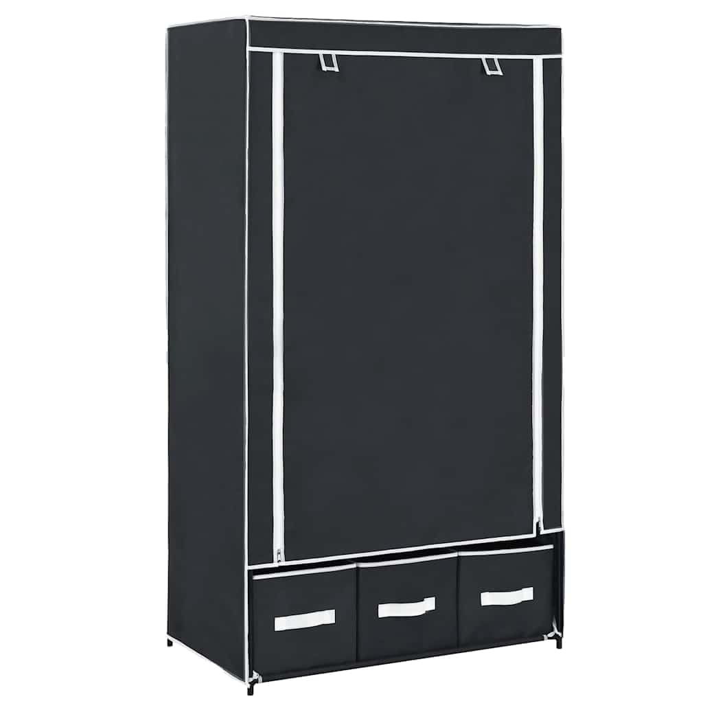 Kleiderschrank Schwarz 87 x 49 x 159 cm Stoff mit 3 Schubladen und Kleiderstange, platzsparender Faltschrank für Schlafzimmer, Flur, Kinderzimmer, Robustes Vliesmaterial, einfache Montage