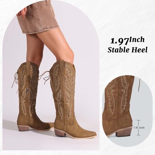 Image of Lace Up Cowboy Boots for Women Embroidered Wide Calf Cowgirl Boots Comfortable Chunky Heel Pointed Toe Trendy Western Shoes for Prom Music Festival
