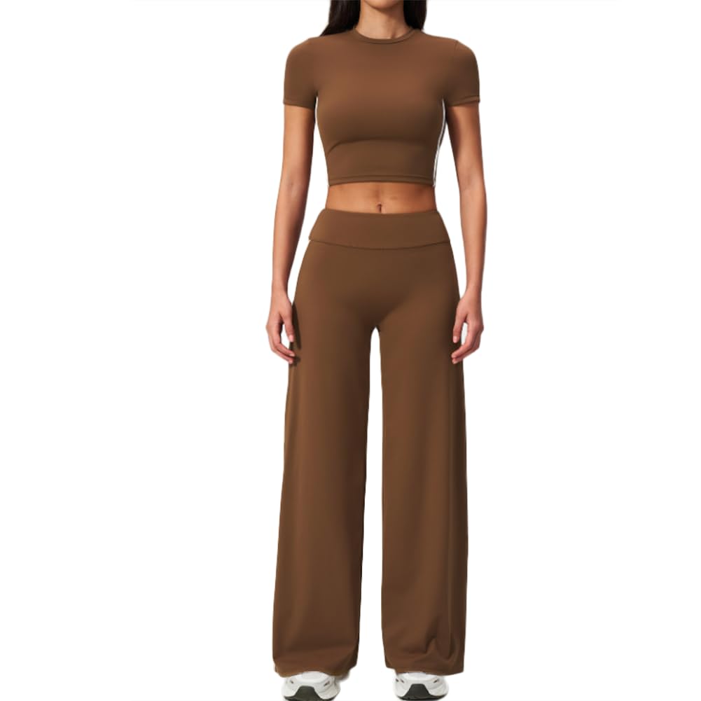 JPXJGT 2 Piece Activewear Set Short Sleeve Crop Top + High Waist Wide Leg Pants Yoga Tracksuit(Size:S,Color:Brown)