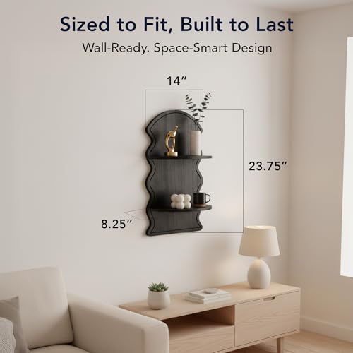 Image of American Art Decor Black Wavy Arched Lunar Ledges Wall Shelf, Wooden 2-Tier Floating Bookshelf for Wall, Carved Fluted Arch Display Shelf for Bedroom Bathroom Kitchen Living Room Decor, 14 inch x 24 inch