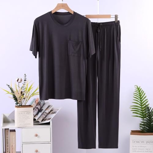 Men's Summer Pajama Set Short Sleeve Pant Pj Drawstring Crewneck Loungewear Medium Waist2