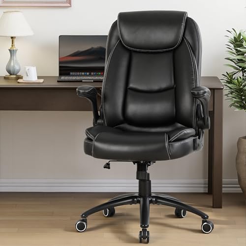 Image of 300lbs Capacity Executive Desk Chair Set of 2 with Ergonomic Lumbar Support, Flip-up Arms & High Back Leather Computer Chair for Home /Office, Black