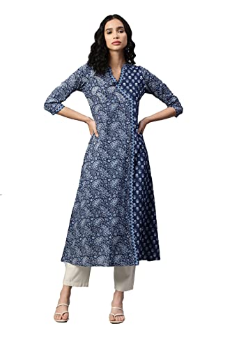 Image of Vbuyz Cotton Floral Printed A-Line Mirror Work Kurta for Women