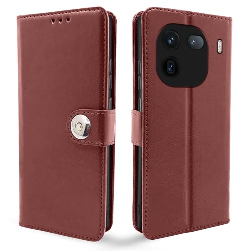 Image of Pikkme iQOO 12 5G Flip Cover Leather Finish | Inside TPU with Card Pockets | Wallet Stand and Shock Proof | Complete Protection Button Flip Case (Brown)